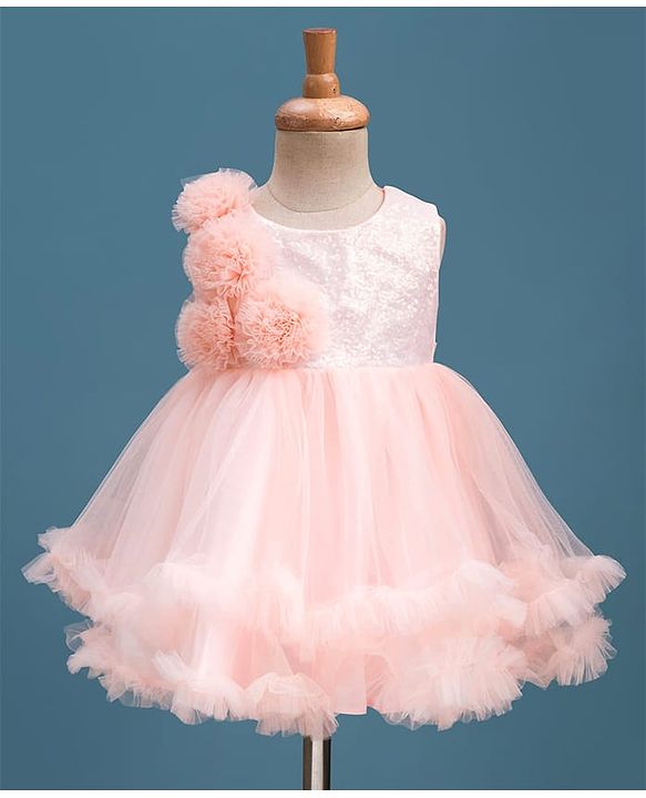 Babyhug Mesh Woven Fit & Flare Party Dress With Sequin Detailing & Corsage - Peach