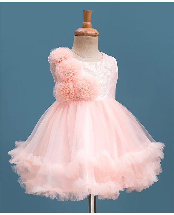 Babyhug Mesh Woven Fit & Flare Party Dress With Sequin Detailing & Corsage - Peach