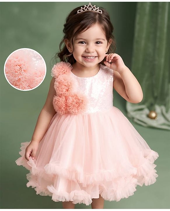 Babyhug Mesh Woven Fit & Flare Party Dress With Sequin Detailing & Corsage - Peach