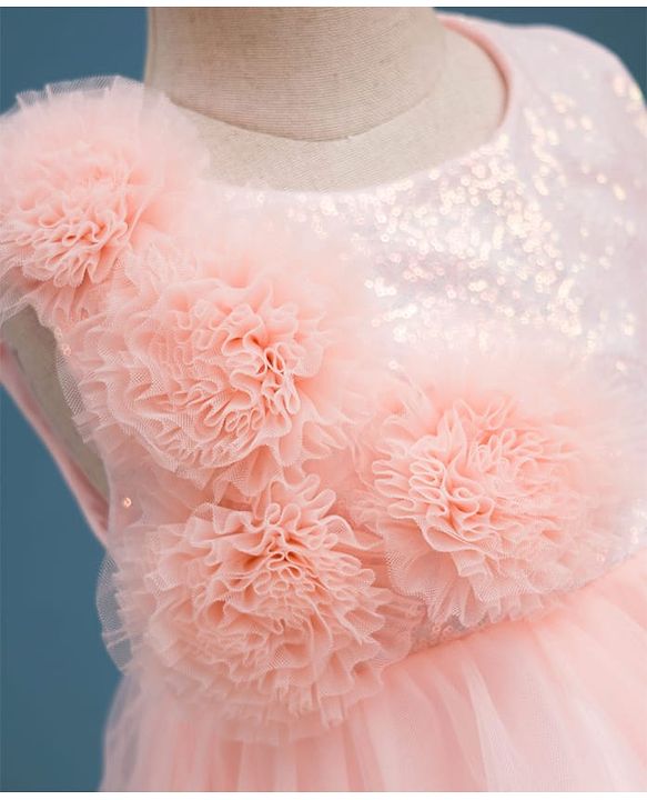 Babyhug Mesh Woven Fit & Flare Party Dress With Sequin Detailing & Corsage - Peach