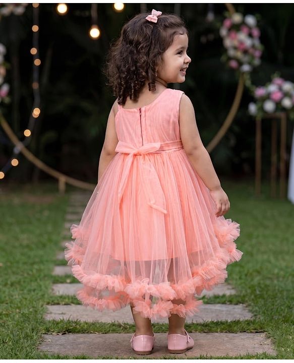 Babyhug Mesh Woven Sleeveless Party Dress With Sequin Detailing & Bow Applique - Peach