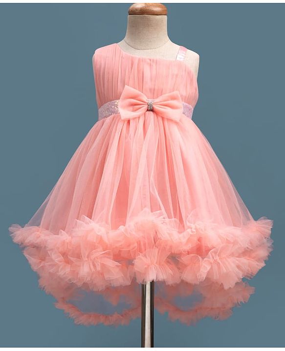 Babyhug Mesh Woven Sleeveless Party Dress With Sequin Detailing & Bow Applique - Peach