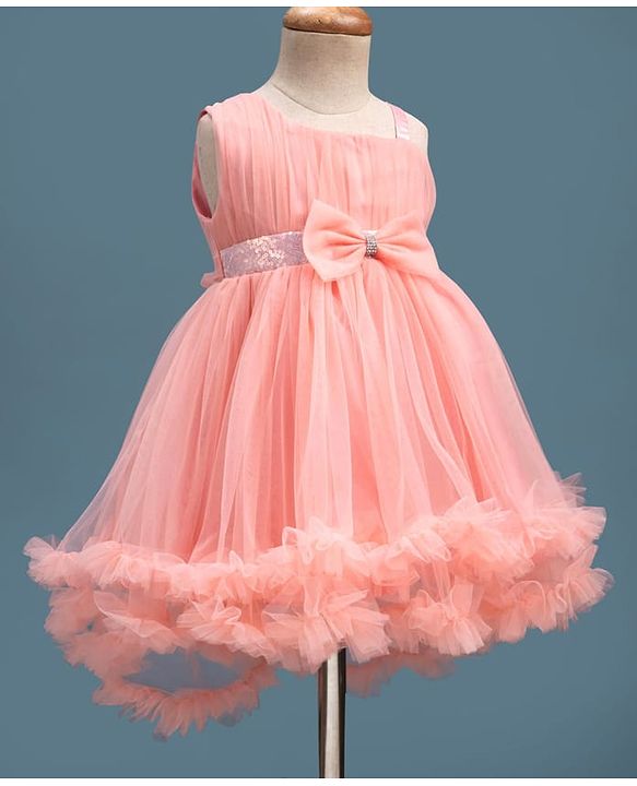 Babyhug Mesh Woven Sleeveless Party Dress With Sequin Detailing & Bow Applique - Peach