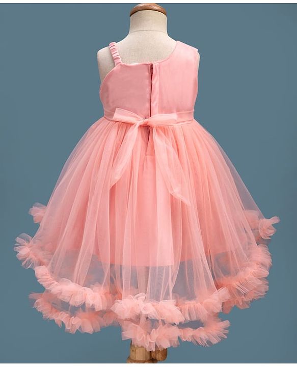 Babyhug Mesh Woven Sleeveless Party Dress With Sequin Detailing & Bow Applique - Peach
