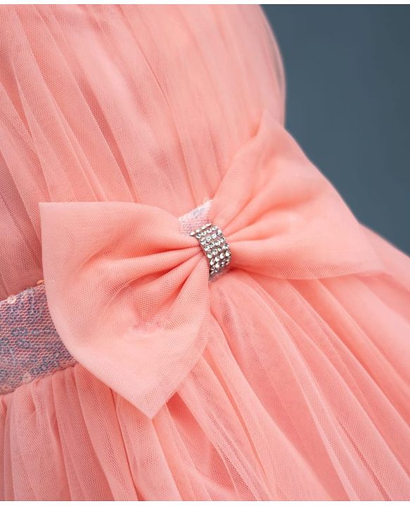 Babyhug Mesh Woven Sleeveless Party Dress With Sequin Detailing & Bow Applique - Peach