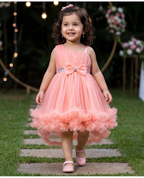Babyhug Mesh Woven Sleeveless Party Dress With Sequin Detailing & Bow Applique - Peach