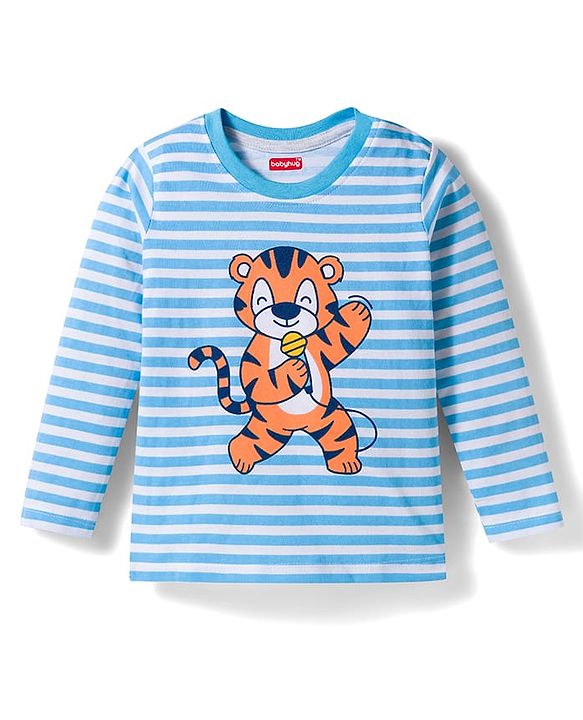 Babyhug Cotton Knit Full Sleeves Striped T-Shirts with Animal Print Pack of 3 - Blue White & Red
