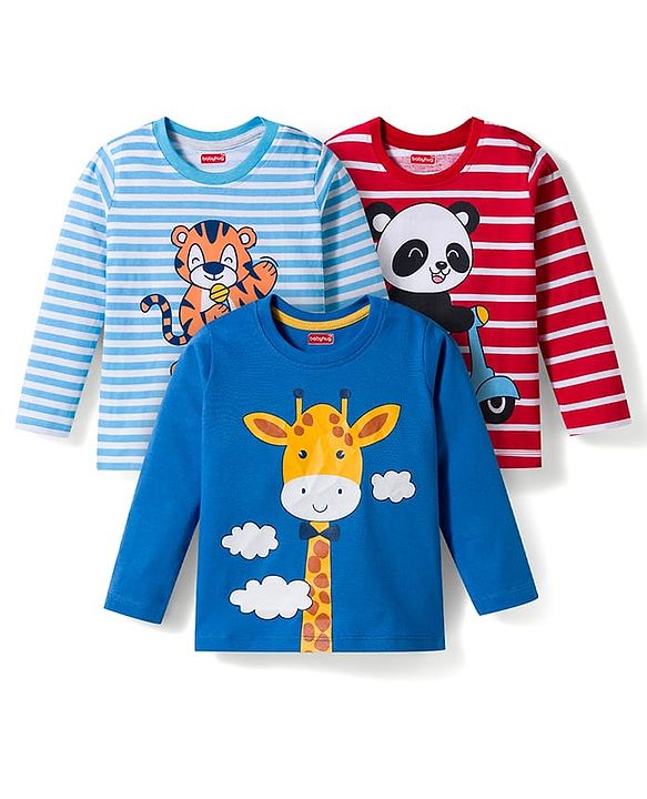 Babyhug Cotton Knit Full Sleeves Striped T-Shirts with Animal Print Pack of 3 - Blue White & Red