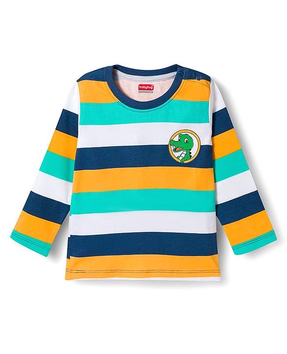 Babyhug Cotton Knit Full Sleeves Striped T-Shirt with Dino Print - Multicolor