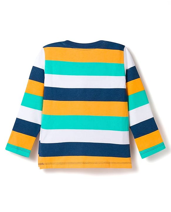 Babyhug Cotton Knit Full Sleeves Striped T-Shirt with Dino Print - Multicolor