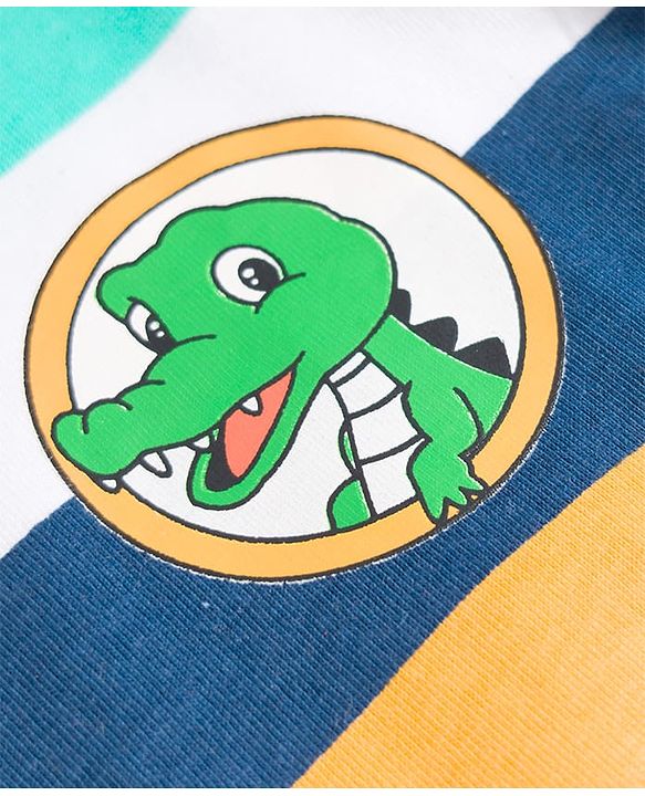 Babyhug Cotton Knit Full Sleeves Striped T-Shirt with Dino Print - Multicolor