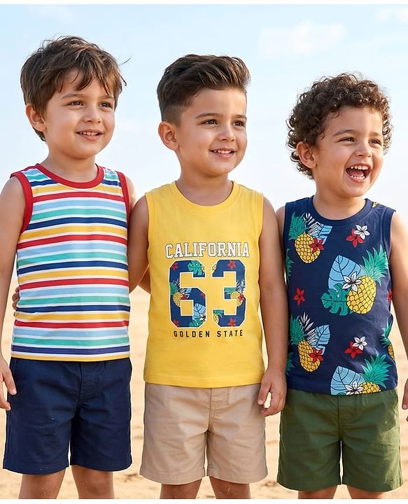 Babyhug Cotton Knit Sleeveless Tank T-Shirts with Tropical Theme Print & Stripes Pack of 3 - Multicolor