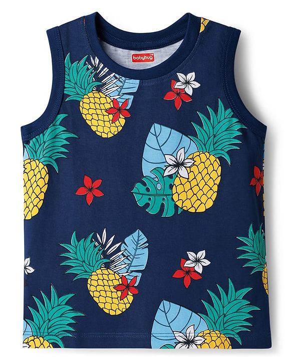 Babyhug Cotton Knit Sleeveless Tank T-Shirts with Tropical Theme Print & Stripes Pack of 3 - Multicolor