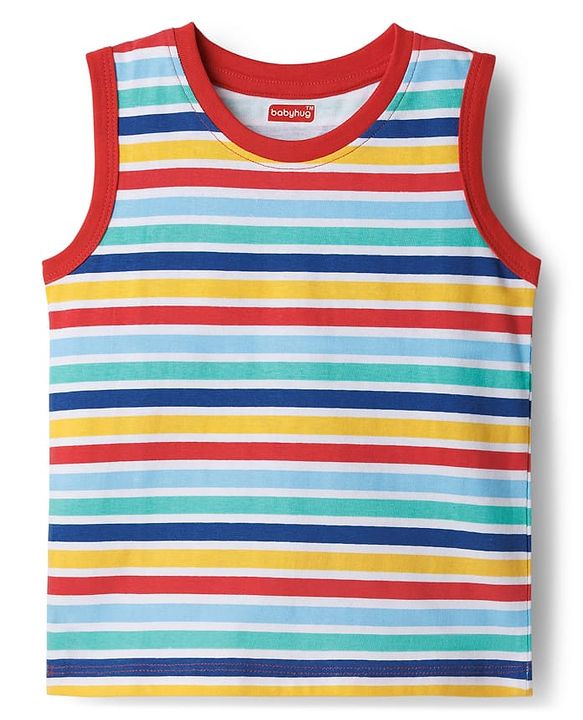 Babyhug Cotton Knit Sleeveless Tank T-Shirts with Tropical Theme Print & Stripes Pack of 3 - Multicolor