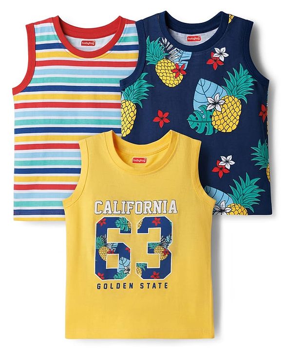 Babyhug Cotton Knit Sleeveless Tank T-Shirts with Tropical Theme Print & Stripes Pack of 3 - Multicolor