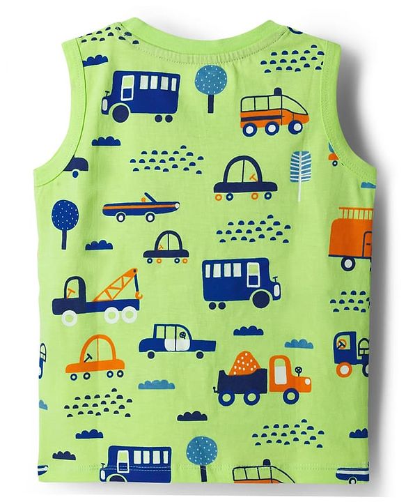 Babyhug Cotton Knit Sleeveless Tank T-Shirts with Vehicle Print & Stripes Pack of 3 - Multicolor