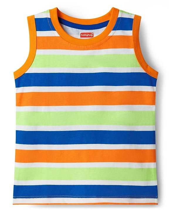 Babyhug Cotton Knit Sleeveless Tank T-Shirts with Vehicle Print & Stripes Pack of 3 - Multicolor