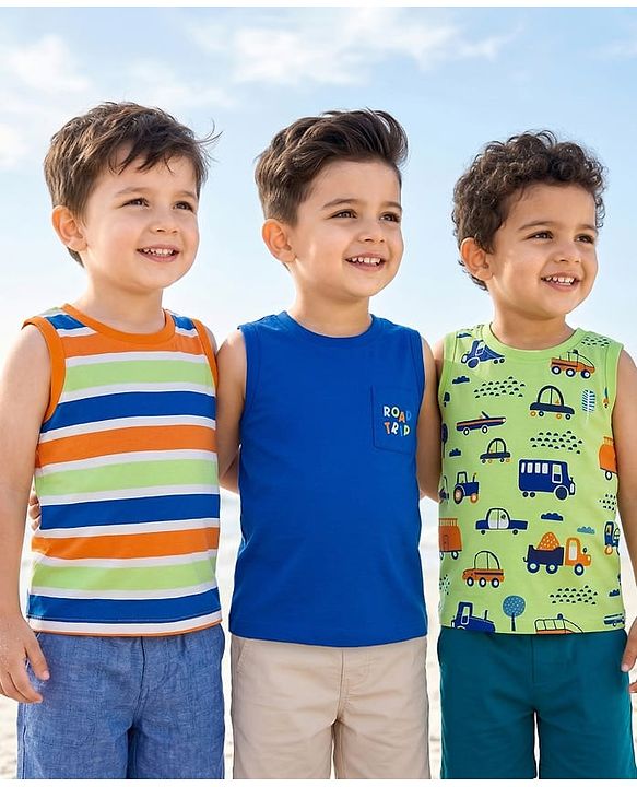 Babyhug Cotton Knit Sleeveless Tank T-Shirts with Vehicle Print & Stripes Pack of 3 - Multicolor