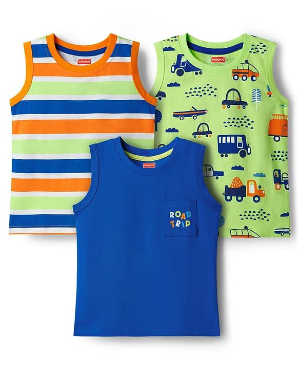 Babyhug Cotton Knit Sleeveless Tank T-Shirts with Vehicle Print & Stripes Pack of 3 - Multicolor
