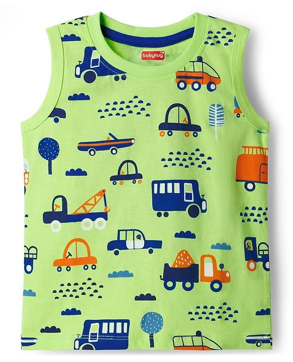 Babyhug Cotton Knit Sleeveless Tank T-Shirts with Vehicle Print & Stripes Pack of 3 - Multicolor