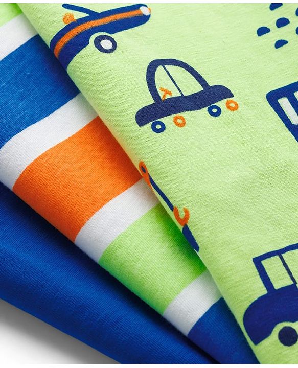 Babyhug Cotton Knit Sleeveless Tank T-Shirts with Vehicle Print & Stripes Pack of 3 - Multicolor