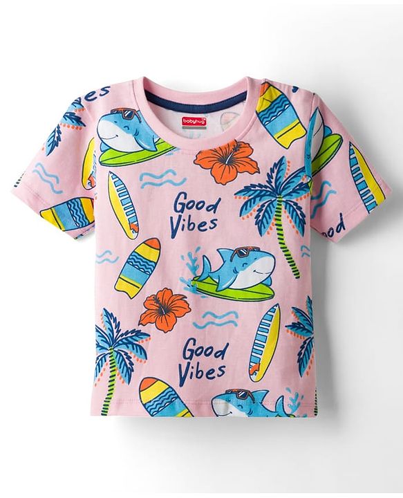 Babyhug Cotton Knit Half Sleeves T-Shirt with Beach Theme Print - Multicolor