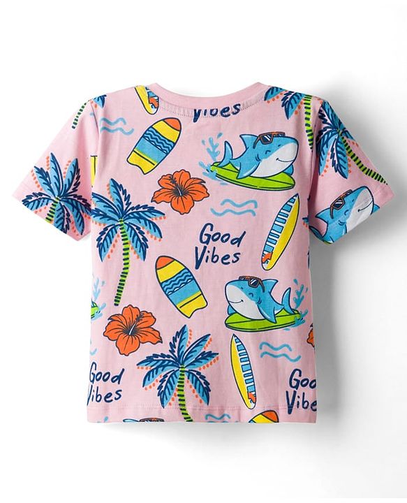 Babyhug Cotton Knit Half Sleeves T-Shirt with Beach Theme Print - Multicolor