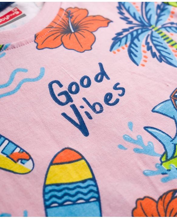 Babyhug Cotton Knit Half Sleeves T-Shirt with Beach Theme Print - Multicolor
