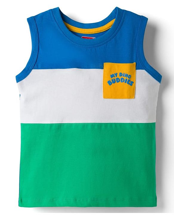 Babyhug Cotton Knit Sleeveless Cut & Sew Tank T-Shirt with Dino Print - Multicolor