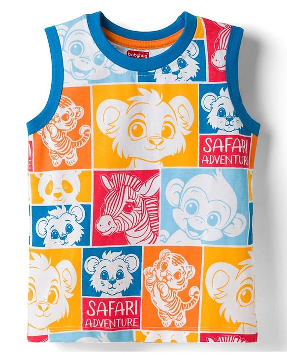 Babyhug Cotton Knit Sleeveless Tank T-Shirt with Animal Print - Multicolor