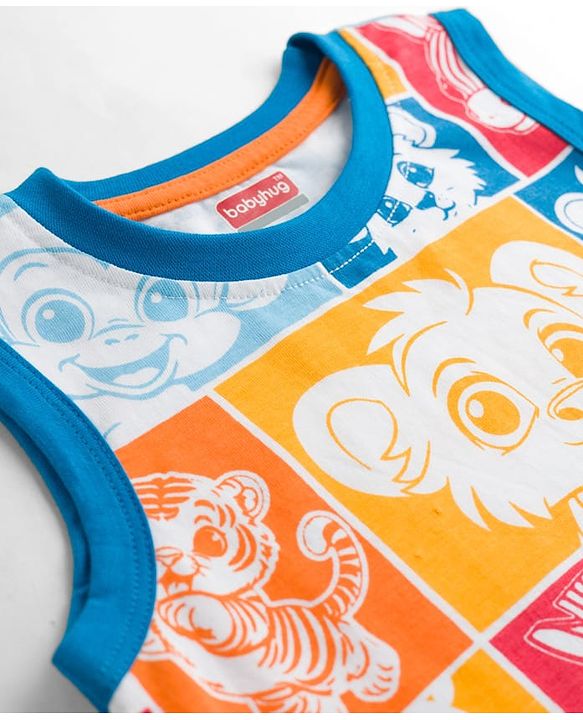 Babyhug Cotton Knit Sleeveless Tank T-Shirt with Animal Print - Multicolor