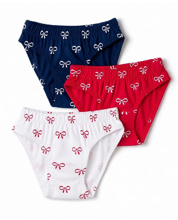 Babyhug 100% Cotton Knit Panties With Bow Print Pack of 3 - Red, Navy Blue & White