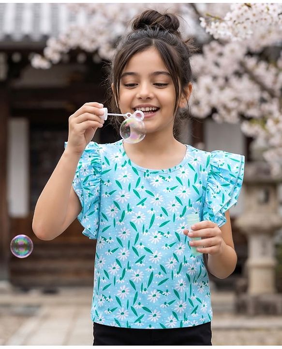 Pine Kids 100% Cotton Knit Half Sleeves Floral Printed Top - Light Blue