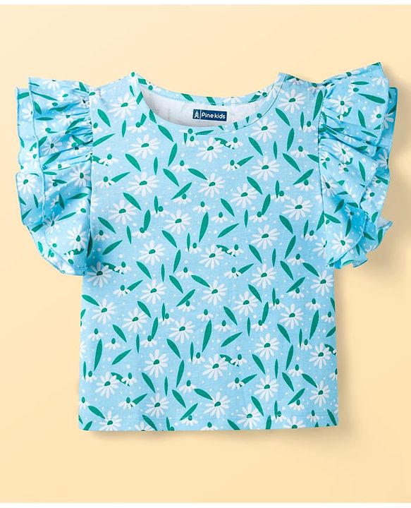 Pine Kids 100% Cotton Knit Half Sleeves Floral Printed Top - Light Blue