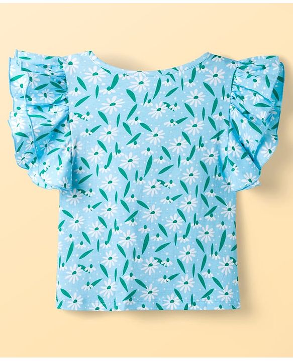 Pine Kids 100% Cotton Knit Half Sleeves Floral Printed Top - Light Blue