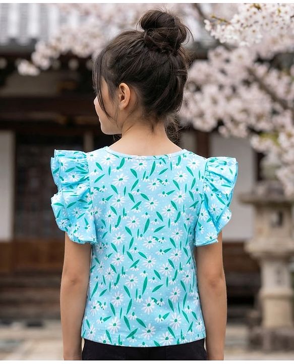 Pine Kids 100% Cotton Knit Half Sleeves Floral Printed Top - Light Blue