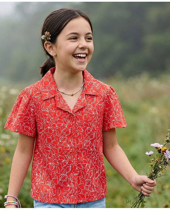 Pine Kids 100% Cotton Knit Half Flutter Sleeves Floral Printed Top - Red
