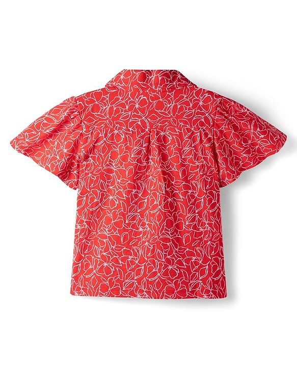 Pine Kids 100% Cotton Knit Half Flutter Sleeves Floral Printed Top - Red