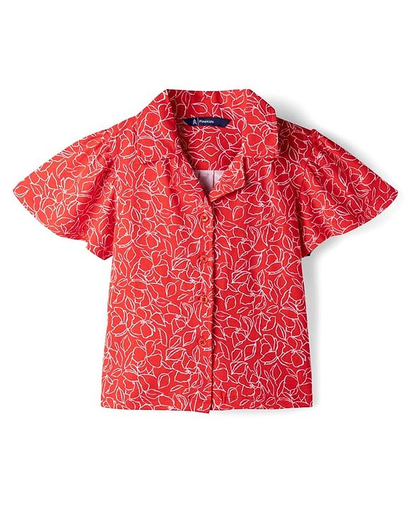 Pine Kids 100% Cotton Knit Half Flutter Sleeves Floral Printed Top - Red