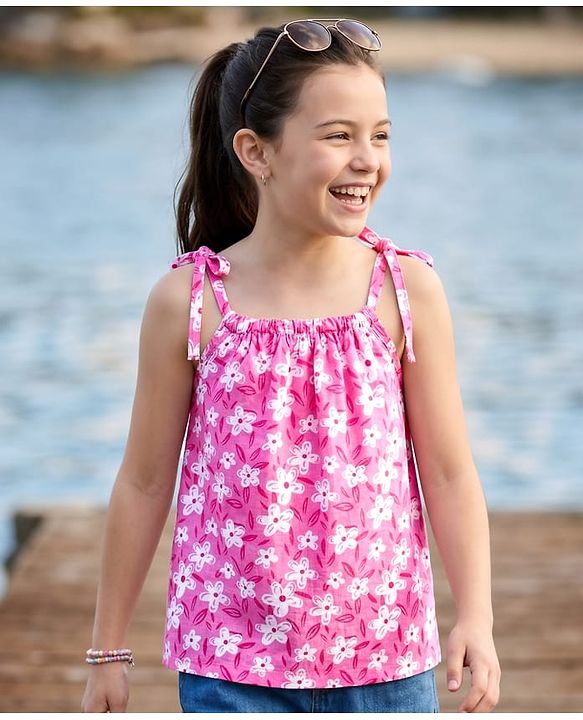 Pine Kids 100% Cotton Knit Sleeveless Floral Printed Top - Pink