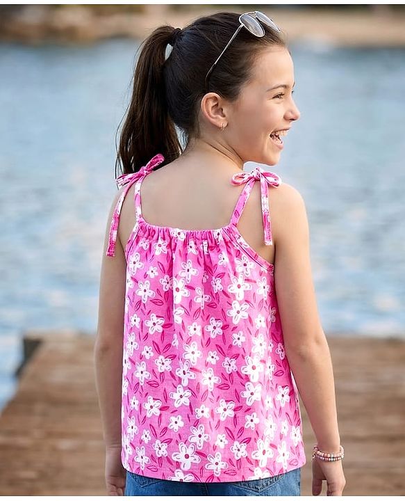 Pine Kids 100% Cotton Knit Sleeveless Floral Printed Top - Pink