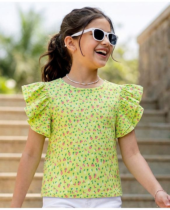 Pine Kids 100% Cotton Knit Half Frill Sleeves Floral Printed Top - Lime Green