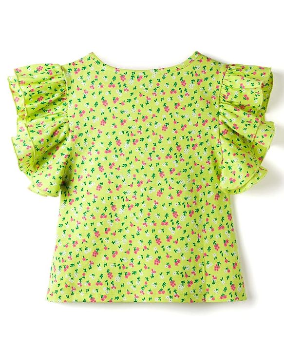 Pine Kids 100% Cotton Knit Half Frill Sleeves Floral Printed Top - Lime Green