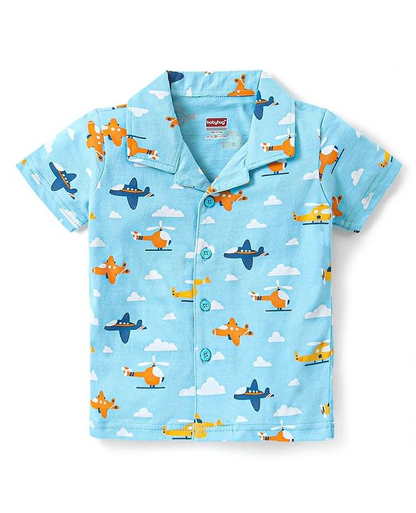 Babyhug Cotton Knit Half Sleeves Aeroplane & Helicopter  Printed Co-Ord Shirt & Short Night Suit - Light Blue