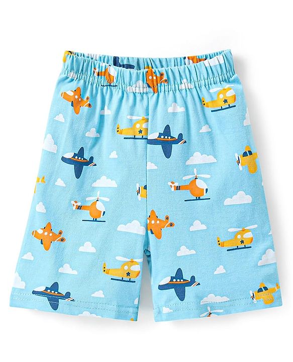 Babyhug Cotton Knit Half Sleeves Aeroplane & Helicopter  Printed Co-Ord Shirt & Short Night Suit - Light Blue