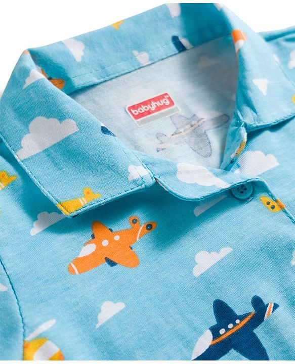 Babyhug Cotton Knit Half Sleeves Aeroplane & Helicopter  Printed Co-Ord Shirt & Short Night Suit - Light Blue