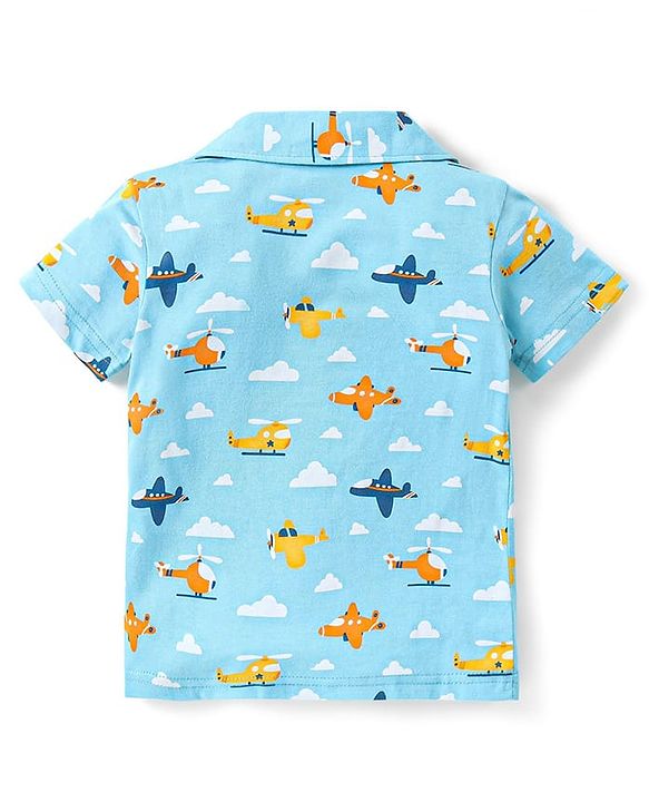 Babyhug Cotton Knit Half Sleeves Aeroplane & Helicopter  Printed Co-Ord Shirt & Short Night Suit - Light Blue