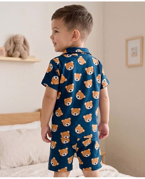 Babyhug Cotton Knit Half Sleeves Co-Ord Shirt & Shorts Night-Suit With Teddy Print - Navy Blue