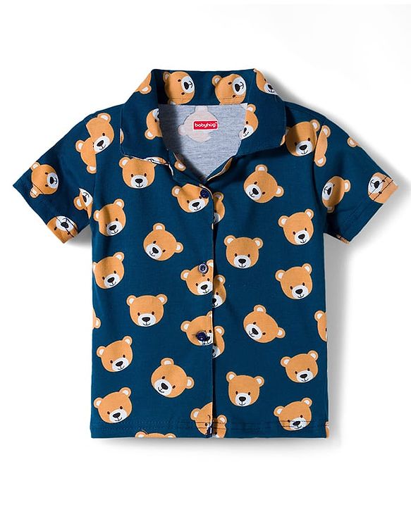 Babyhug Cotton Knit Half Sleeves Co-Ord Shirt & Shorts Night-Suit With Teddy Print - Navy Blue