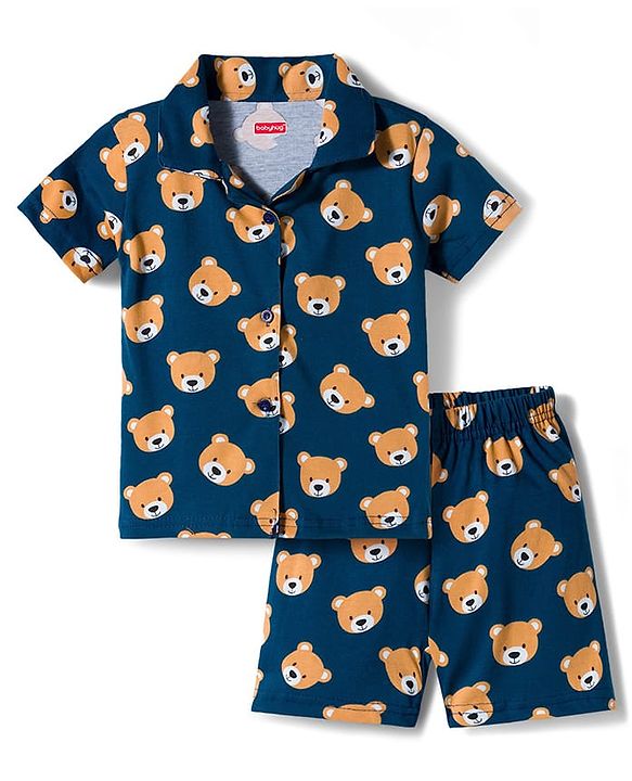 Babyhug Cotton Knit Half Sleeves Co-Ord Shirt & Shorts Night-Suit With Teddy Print - Navy Blue